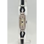 A LADYS DIAMOND SET COCKTAIL WATCH, rectangular white dial, Arabic numerals, blue steel hands,