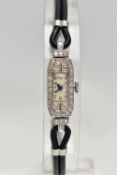 A LADYS DIAMOND SET COCKTAIL WATCH, rectangular white dial, Arabic numerals, blue steel hands,