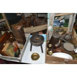 TWO BOXES AND LOOSE METALWARES, TREEN, FISHING ROD AND SUNDRY ITEMS, to include a Dawsons of Bromley