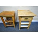 TWO BEECH KITCHEN TROLLEYS, one with a single drawer, largest trolley width 66cm squared x height