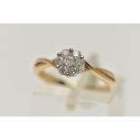 A 9CT GOLD DIAMOND CLUSTER RING, of a flower shape, set with seven round brilliant cut diamonds,