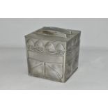 A LIBERTY TUDRIC PEWTER BISCUIT BOX AND COVER, designed by Archibald Knox, of cube form, with relief