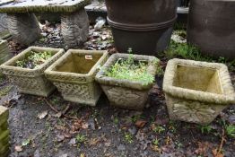 TWO PAIRS OF WEATHERED COMPOSITE SQUARED TAPERED PLANTERS, largest pair size 30cm squared x height