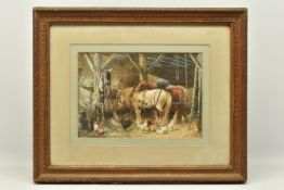 FREDERICK E VALTER (1850-1930) HEAVY HORSES AND CHICKENS IN A STABLE, signed band dated 1880