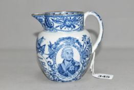 NELSON INTEREST - AN EARLY 19TH CENTURY PEARLWARE BLUE AND WHITE COMMEMORATIVE JUG, brown painted
