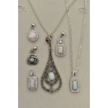 TWO PENDANT NECKLACES AND FOUR PENDANTS, the first pendant of an openwork tear drop shape, set