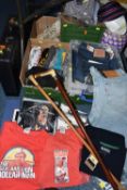 FOUR BOXES CLOTHING AND ACCESSORIES, to include a walking stick with an antler handle and silver