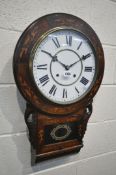 A LATE 19TH CENTURY WALNUT AND MARQUETRY INLAID DROP DIAL WALL CLOCK, with an enamel dial, with a