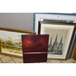 FOUR PAINTINGS AND PRINTS, comprising Dennis Wood (contemporary) an abstract composition signed