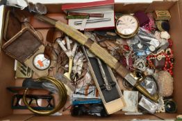 A BOX OF ASSORTED ITEMS, to include various pieces of costume jewellery, various prescription