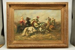 R WILSON (CONTEMPORARY) NORTH AFRICAN TRIBESMAN ON HORSEBACK CARRYING RIFLES, signed bottom right,