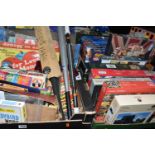 FOUR BOXES OF GAMES & SPORT EQUIPMENT to include twenty-two Jigsaw puzzles, a Table Tennis Hot Shot,