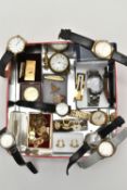 A BOX OF ASSORTED ITEMS, to include a cased 'Defender of the Skies' wristwatch, a 'Timex' pocket