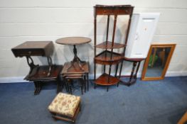A SELECTION OF OCCASIONAL FURNITURE, to include a two corner stands, a drop leaf sofa table, two