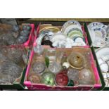 SIX BOXES OF CERAMICS AND GLASS WARES, to include a Midwinter fashion shape cheese dish and cover in