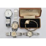 FOUR GENTS WRISTWATCHES AND A LADYS GOLD-PLATED WRISTWATCH, the gents watches to include names