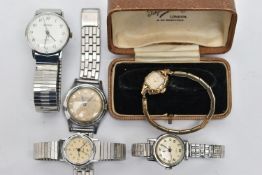 FOUR GENTS WRISTWATCHES AND A LADYS GOLD-PLATED WRISTWATCH, the gents watches to include names