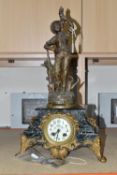 A LATE 19TH/EARLY 20TH CENTURY FRENCH FIGURAL CLOCK, black and white marble base surmounted with