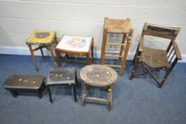 A SELECTION OF STOOLS, to include a beech rush seat high stool, an oak dressing stool, and three