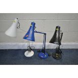THREE NEW ANGLEPOISE DESK LAMPS, in blue, white and black (condition:-some minor dents) (3)