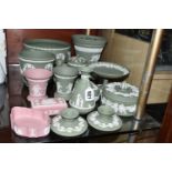 A QUANTITY OF WEDGWOOD GREEN JASPERWARE TOGETHER WITH THREE PIECES OF PINK JASPERWARE, comprising