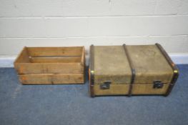 A VINTAGE WOODEN TRAVELLING TRUNK (finish distressed) and a wooden fruit crate (2)