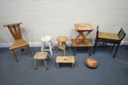 A SELECTION OF CHAIRS/STOOLS, to include a pine three legged chair, with a shelf behind, piano