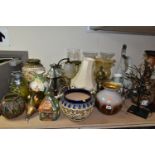 A QUANTITY OF DECORATIVE ITEMS ETC, to include table lamps, candle holders, chipped Doulton