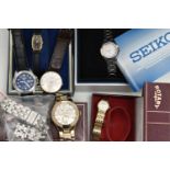 A BOX OF ASSORTED WRISTWATCHES, to include a ladys gold plated 'Rotary' 3412, a ladys stainless