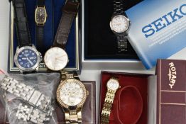 A BOX OF ASSORTED WRISTWATCHES, to include a ladys gold plated 'Rotary' 3412, a ladys stainless