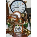 A BOX AND LOOSE OF 20TH CENTURY CLOCKS AND BAROMETERS, including a Dutch style wall clock, a