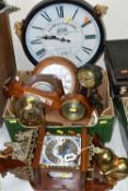 A BOX AND LOOSE OF 20TH CENTURY CLOCKS AND BAROMETERS, including a Dutch style wall clock, a