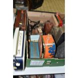 A BOX AND LOOSE ADVERTISING TINS, METALWARES, RADIO AND SUNDRY ITEMS, to include a once hinged tin