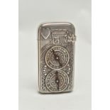 AN EARLY 20TH CENTURY AMERICAN GORHAM CO SILVER PLATED NOVELTY VESTA CASE, the front with King of