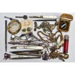 A BAG OF ASSORTED ITEMS, to include two silver bladed and mother of pearl handle fruit knives,
