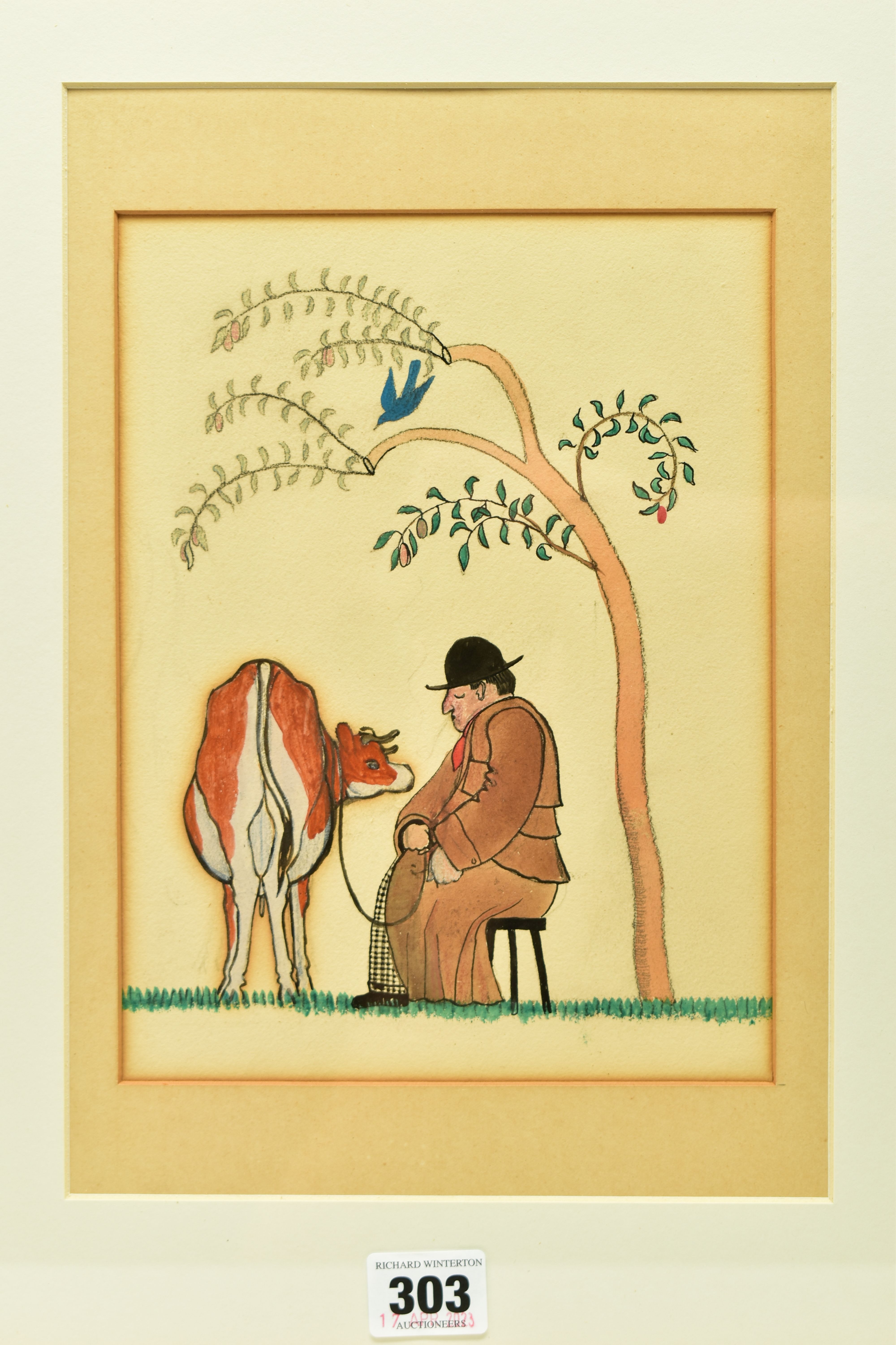 ATTRIBUTED TO ALBERT RUTHERSTON (1881-1953) AN ILLUSTRATION DEPICTING A MAN WITH A COW, no visible - Image 2 of 4