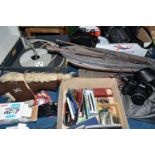 ONE BOX OF VINTAGE CAMERAS, PENS AND SUNDRIES, to include a model sailing boat, a small oak foot