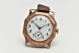 A 9CT ROSE GOLD WRISTWATCH, manual wind, round white dial, Arabic numerals, subsidiary dial at the
