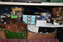 FIVE BOXES AND LOOSE ASSORTED SUNDRY ITEMS ETC, to include a modern Regula Cuckoo clock with