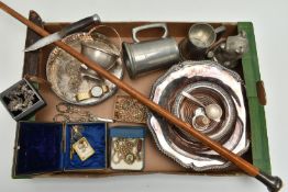 A BOX OF ASSORTED ITEMS, to include walking stick fitted with a silver pommel, hallmarked