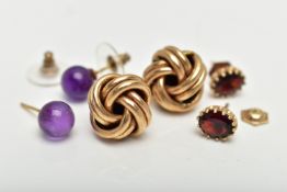 THREE PAIRS OF EARRINGS, to include a pair of yellow metal knot earrings, post and scroll