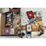 A BOX OF ASSORTED ITEMS, to include a small quantity of gemstone specimens such as a rose quartz