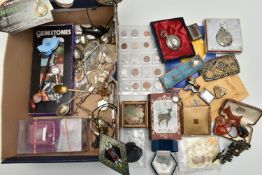 A BOX OF ASSORTED ITEMS, to include a small quantity of gemstone specimens such as a rose quartz