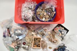 A RED PLASTIC BOX OF ASSORTED COSTUME JEWELLERY AND ITEMS, to include various beaded necklaces,
