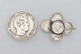 TWO COIN BROOCHES, comprising one made up of five Victorian 3d coins and the other with a Louis