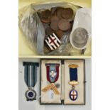 A 9CT GOLD MASONIC MEDAL AND A SMALL BOX OF MEDALS AND COINS, to include a 9ct gold Masonic medal,