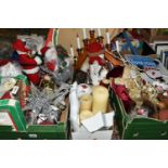 FOUR BOXES OF CHRISTMAS DECORATIONS, to include a boxed set of electric candles, figurines, candles,
