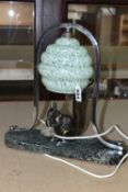 A FRENCH ART DECO SQUIRREL LAMP, with original mottled green glass shade and chrome frame,