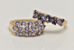 TWO 9CT GOLD TANZANITE RINGS, the first designed with a row of three circular cut tanzanite, sixteen