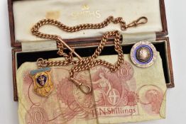 A 9CT GOLD 'DERBYSHIRE, FA FOB MEDAL' AND ALBERT CHAIN, the shield shape fob medal with dark and